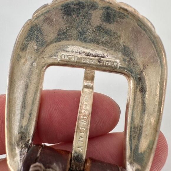 Vintage MCM Women's Crocodile Embossed Leather Silver Buckle Waist Belt Brown - Picture 12 of 16